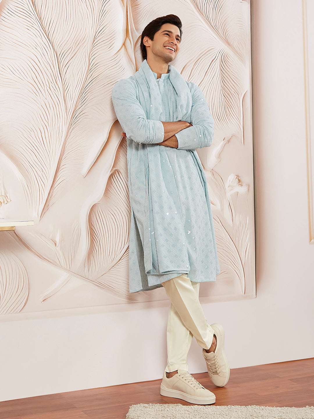 Men's Aqua Rayon Kurta Pyjama And Dupatta Set