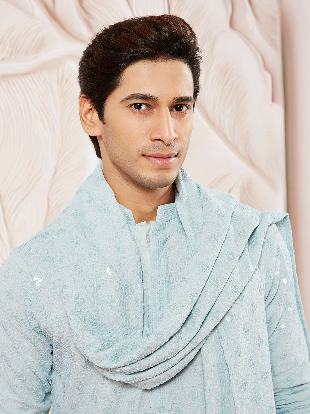 Men's Aqua Rayon Kurta Pyjama And Dupatta Set