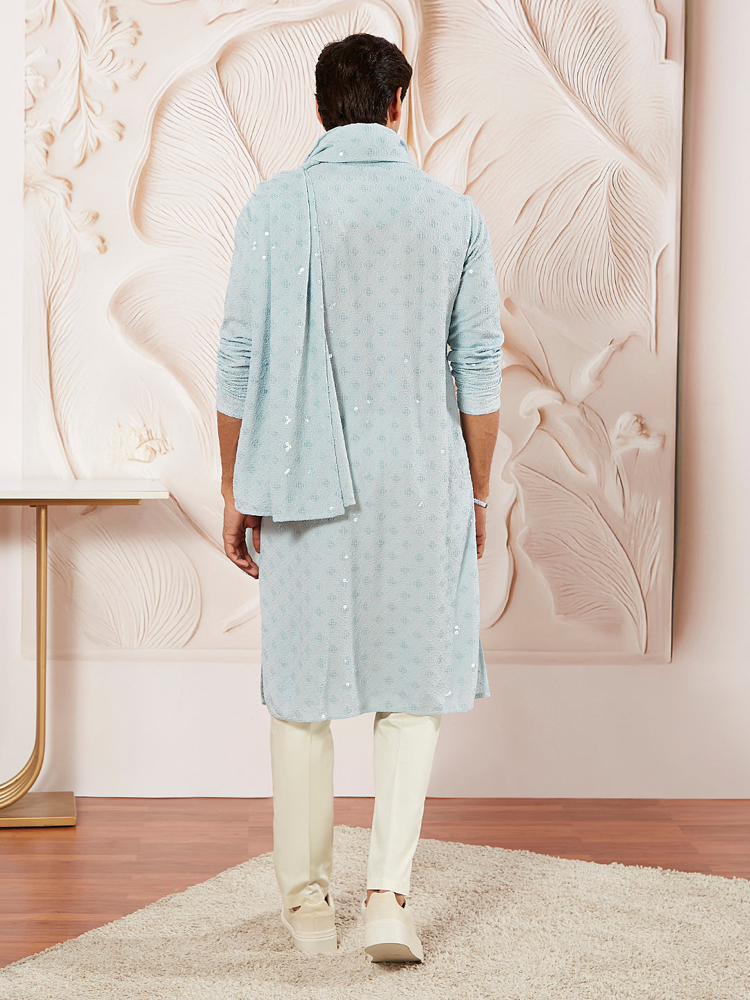 Men's Aqua Rayon Kurta Pyjama And Dupatta Set