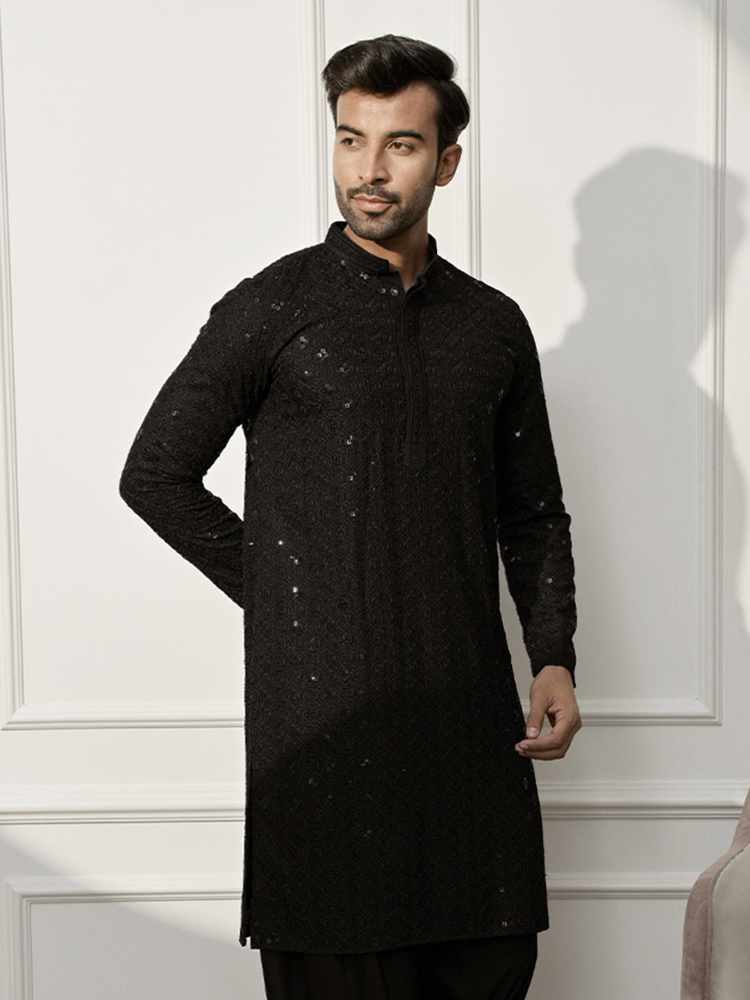 Men Black Rayon Sequin & Thread Embroidered Festive Kurta