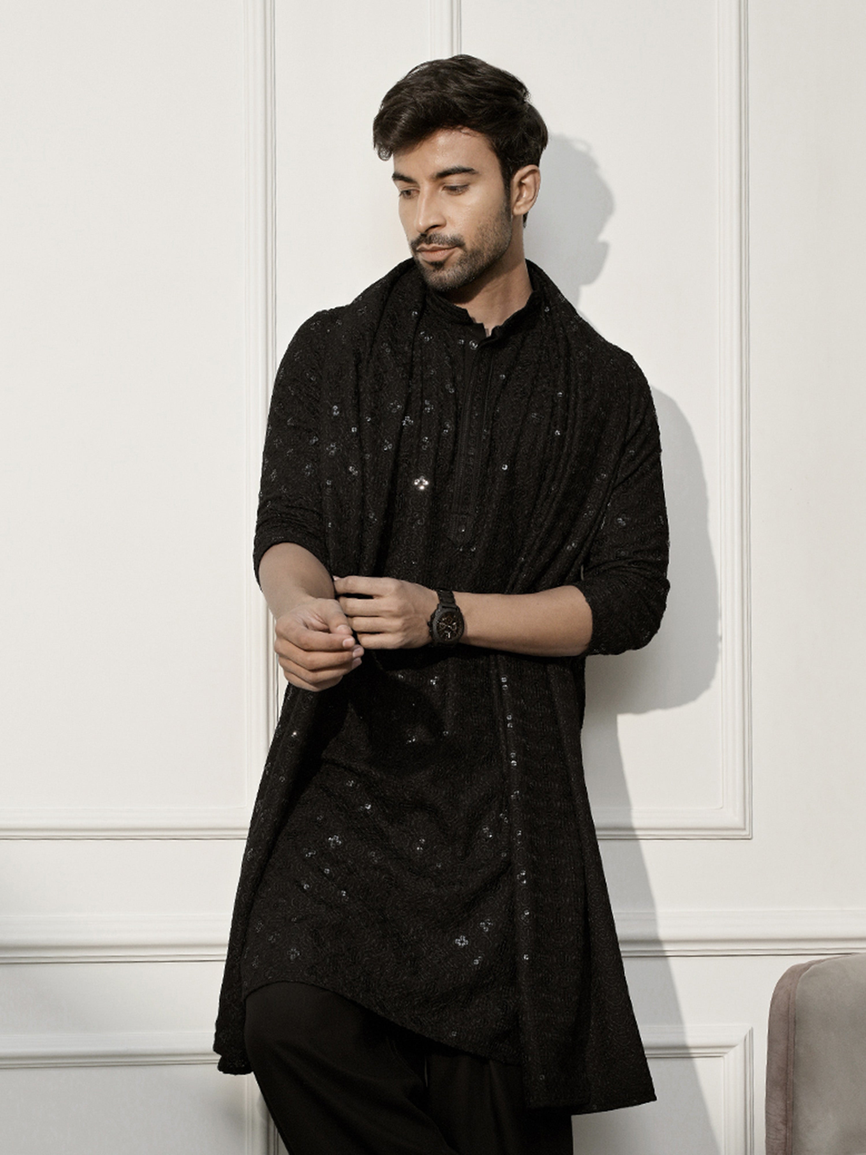Men's Black Chikankari Silk Kurta with Silk Dupatta Set
