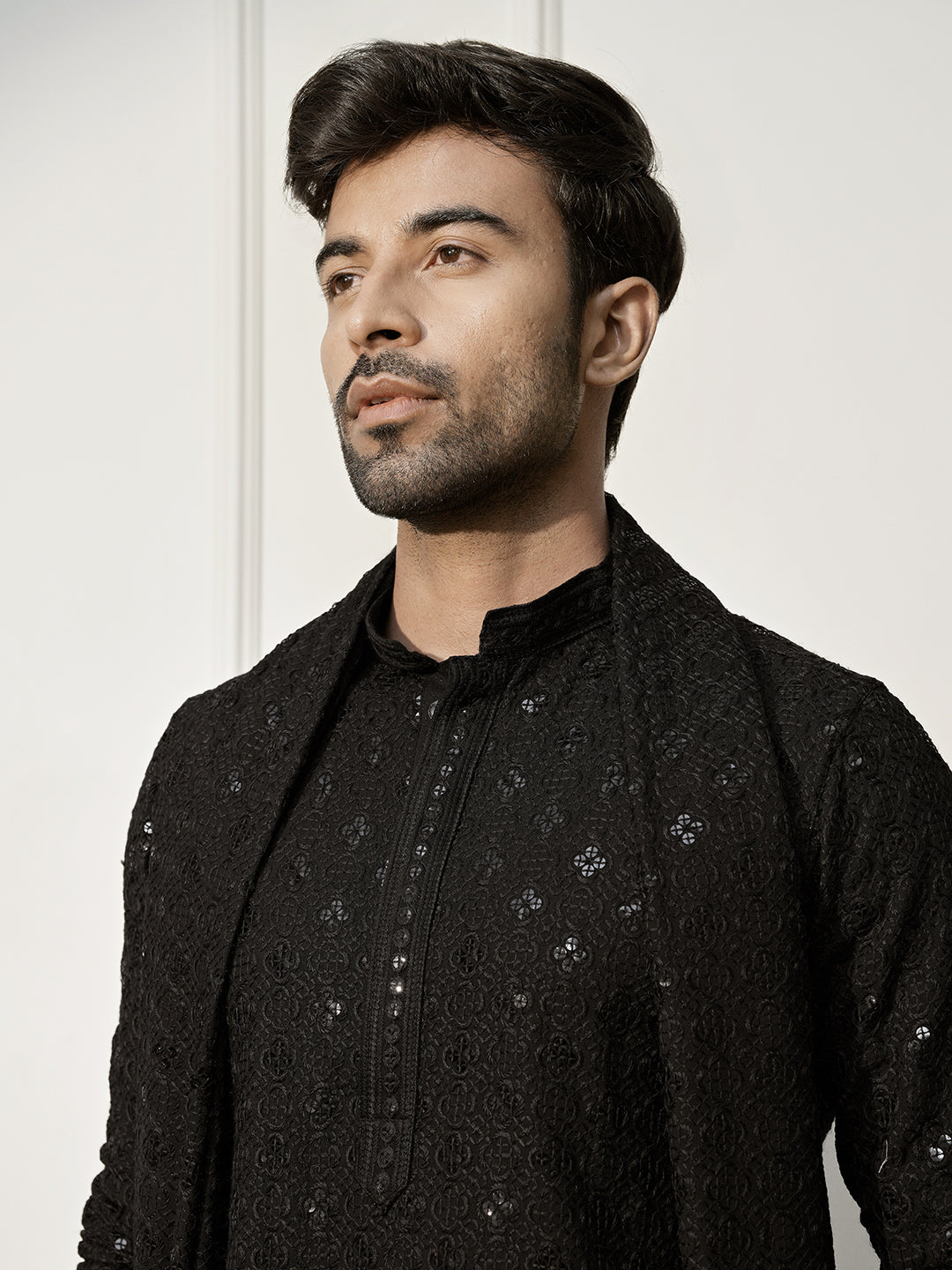 Men's Black Chikankari Silk Kurta with Silk Dupatta Set