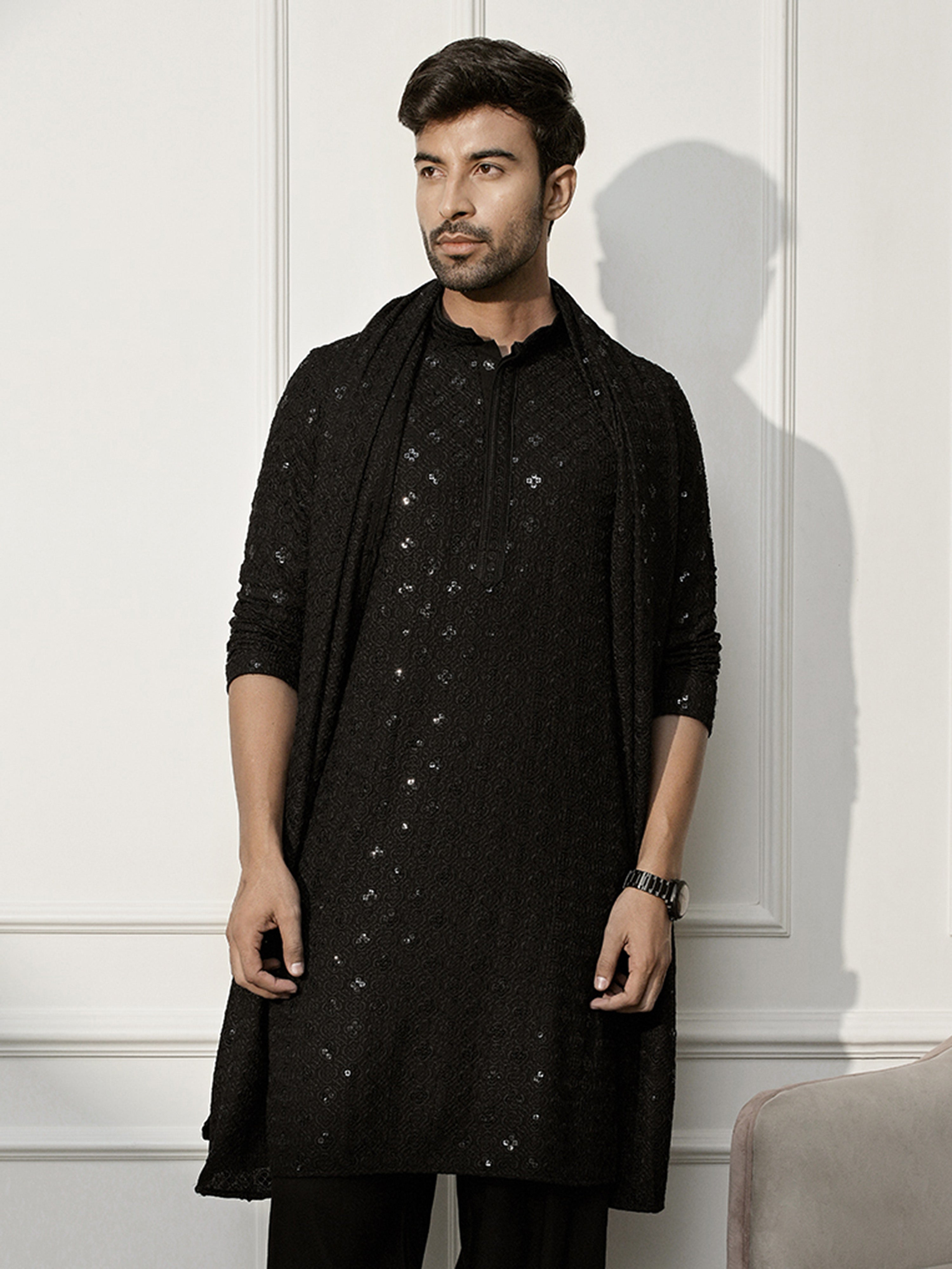 Men's Black Chikankari Silk Kurta with Silk Dupatta Set