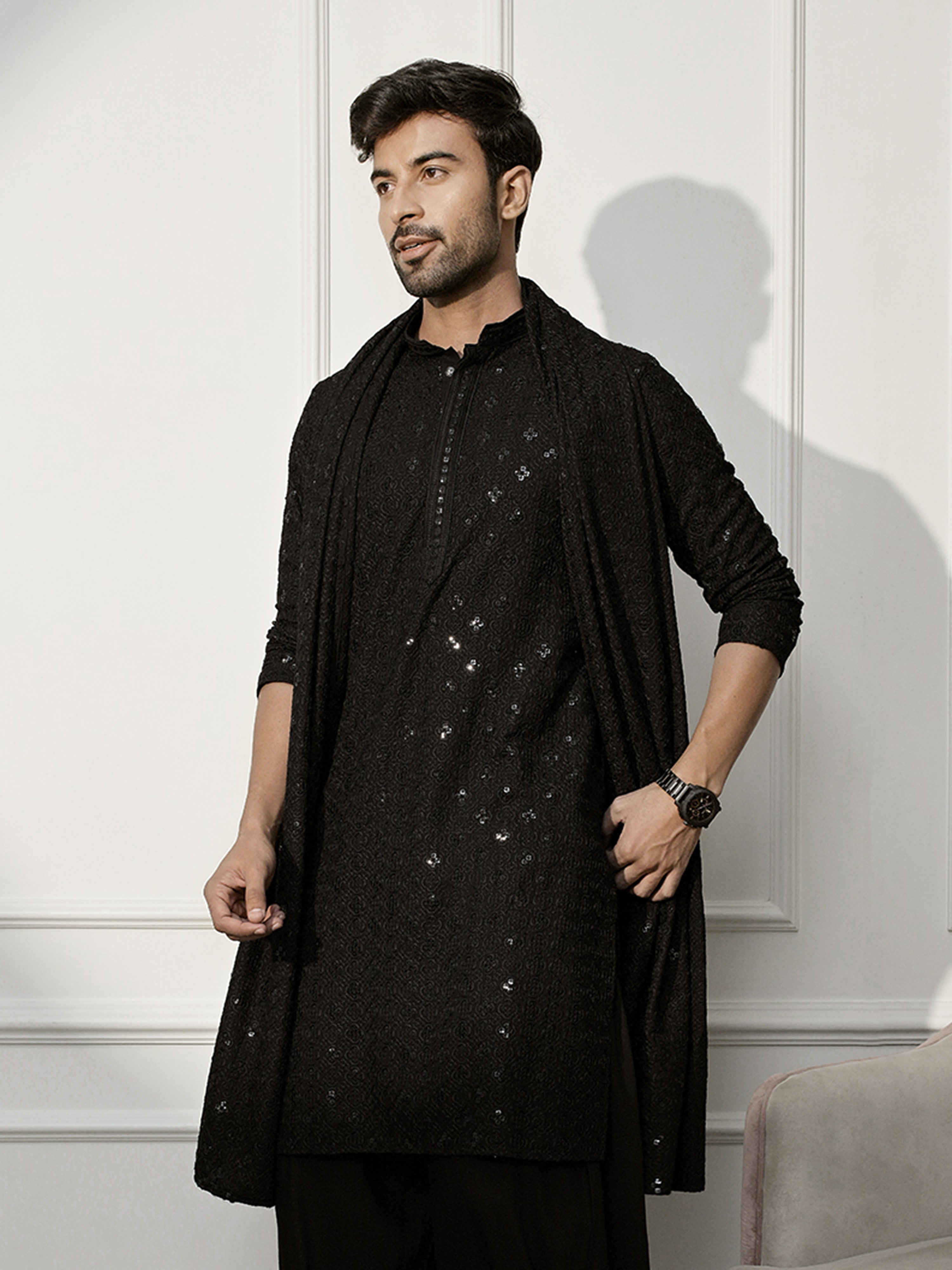 Men's Black Chikankari Silk Kurta with Silk Dupatta Set