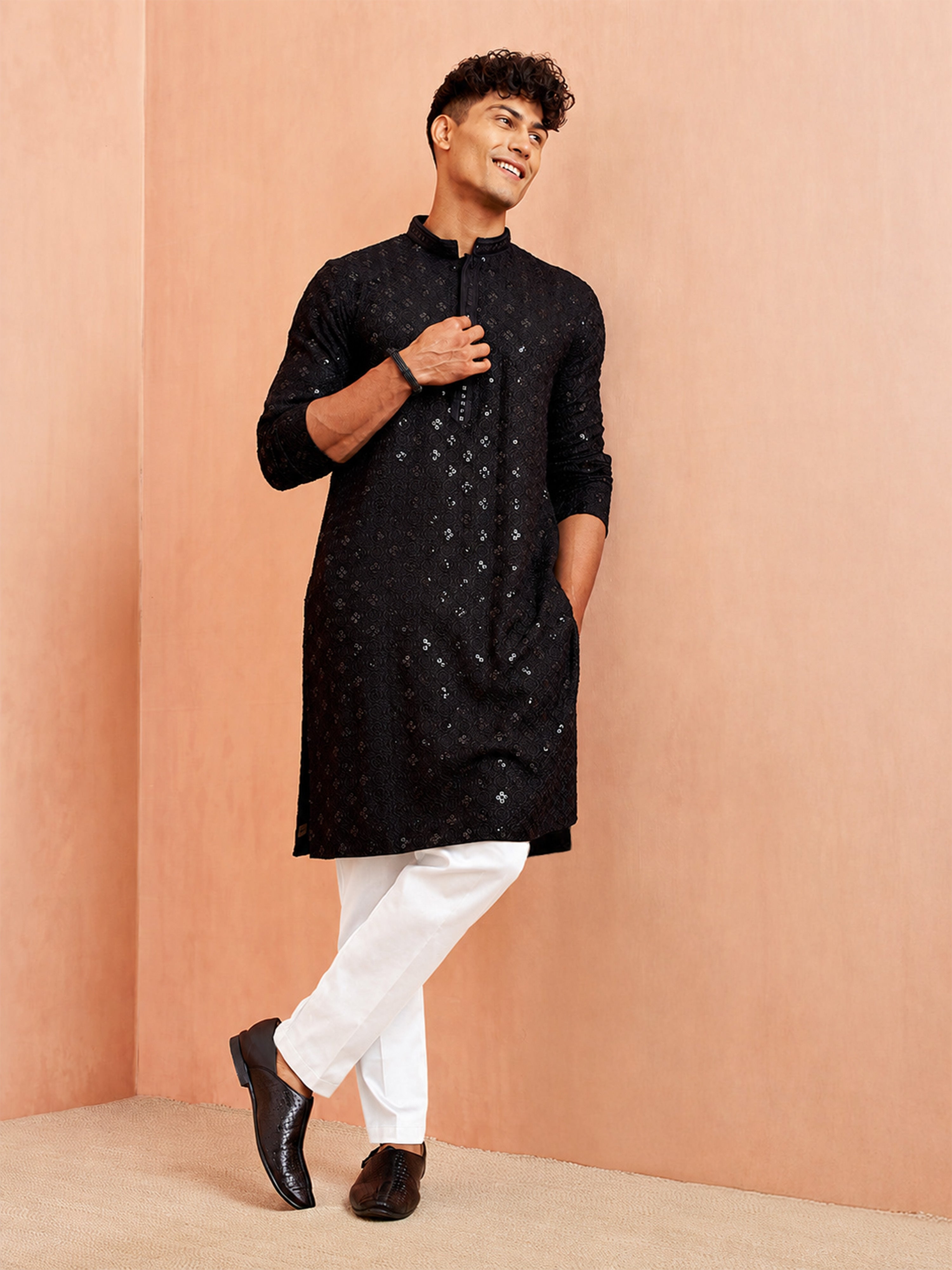 Men Black Rayon Embroidered Kurta Pant Set with Pyjama