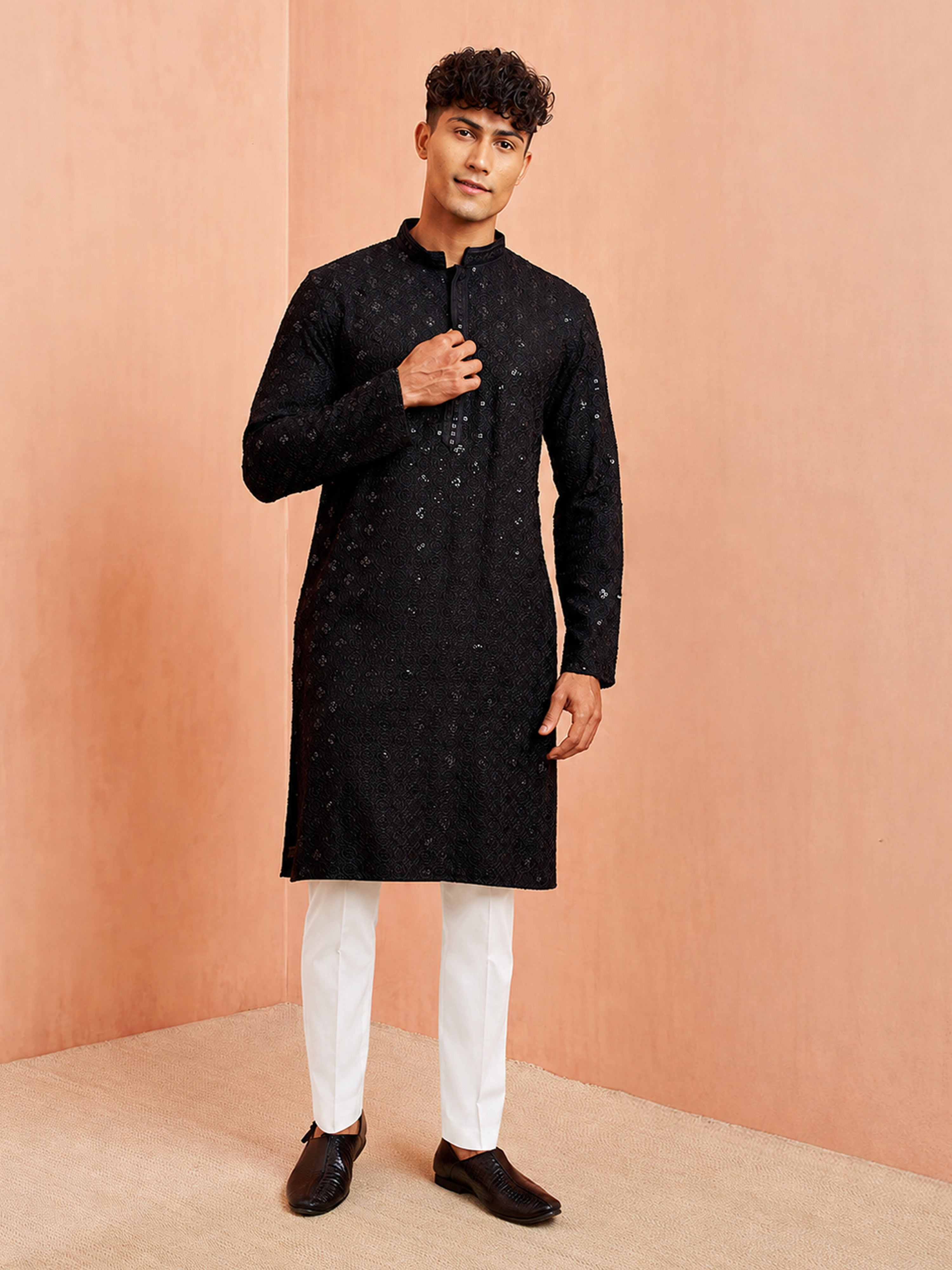 Men's Black Rayon Floral Thigh Length Kurta Pant Set with Pyjama
