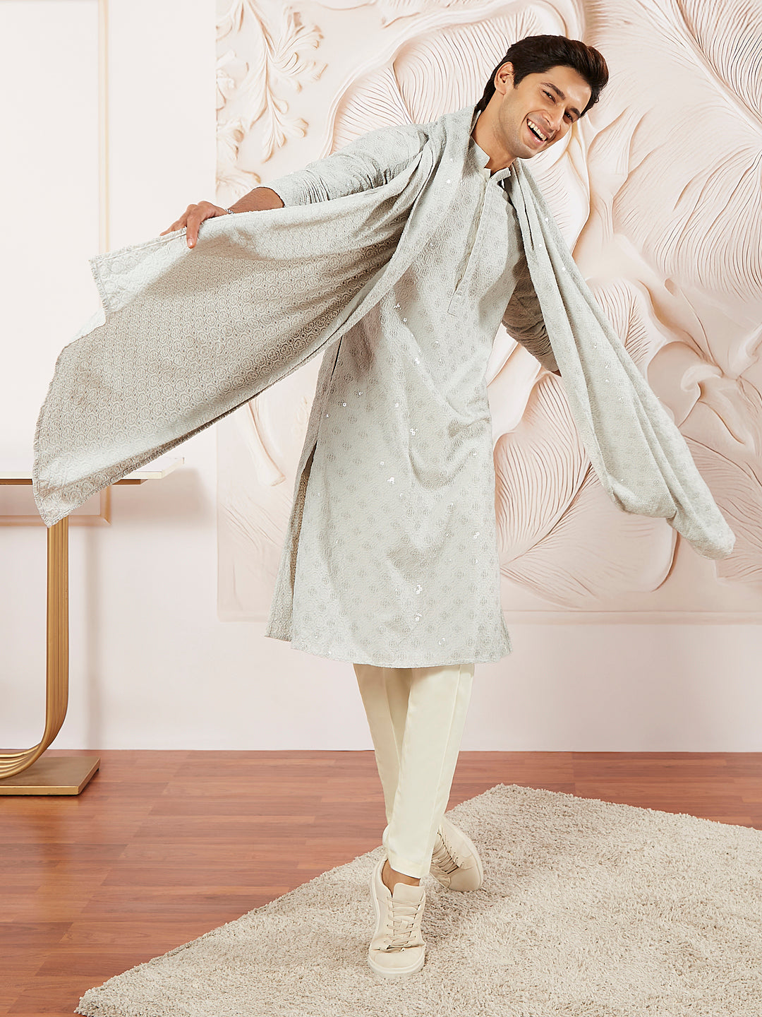 Men's Grey Rayon Kurta Pyjama And Dupatta Set