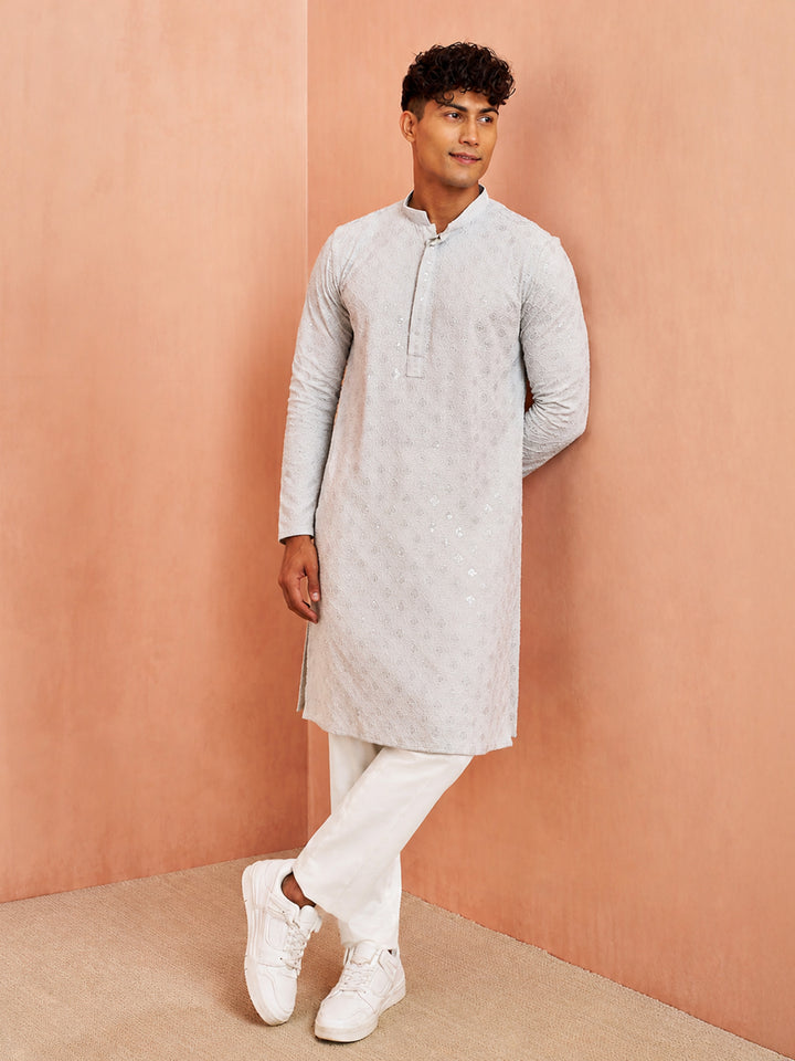 White Rayon Embroidered Kurta Pant Set for Men