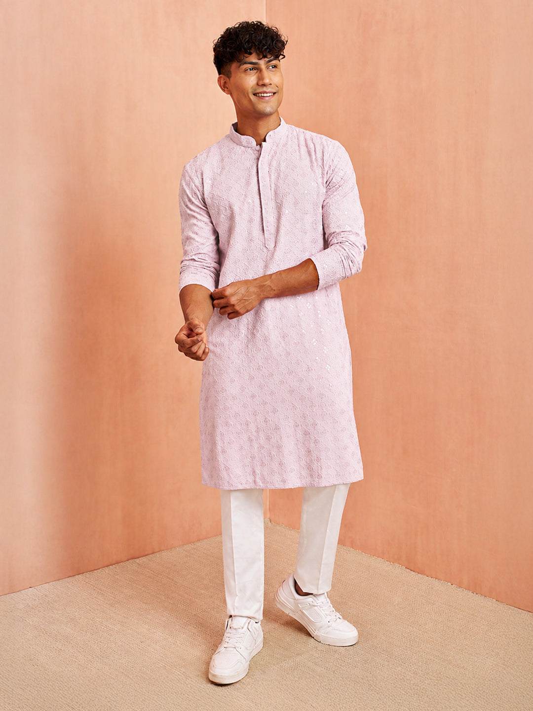 Men Pink Rayon Thread Work Kurta Pant Set with Pyjama