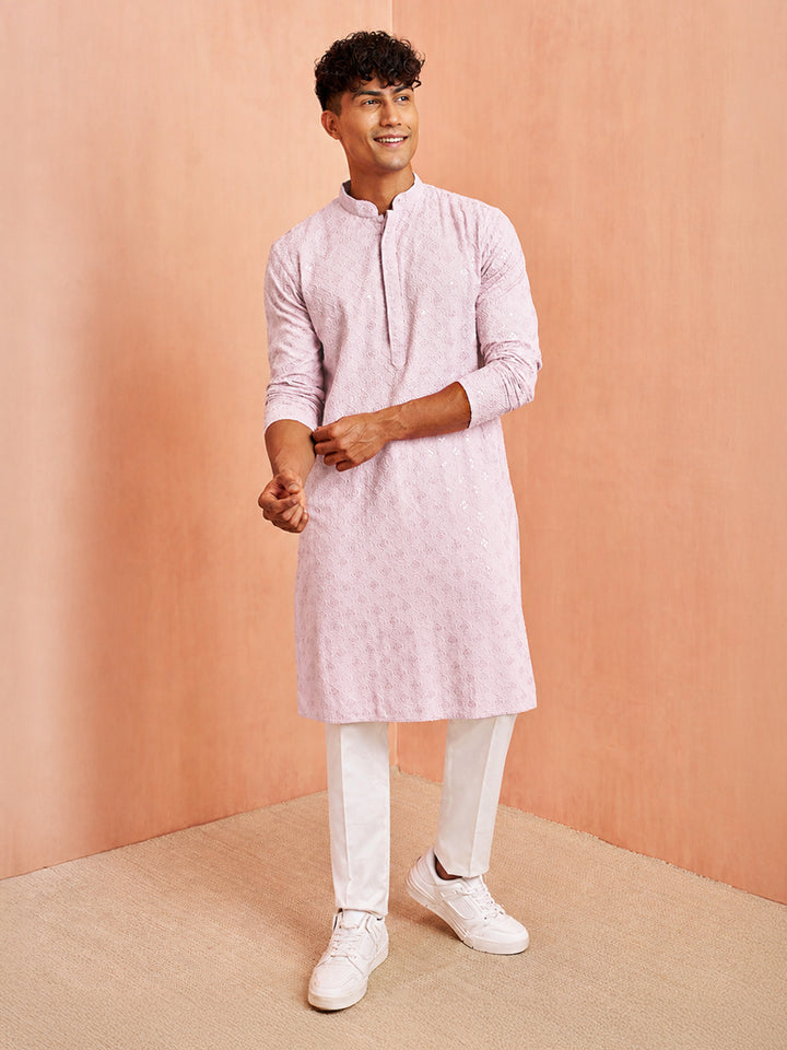 Men Pink Rayon Thread Work Kurta Pant Set with Pyjama
