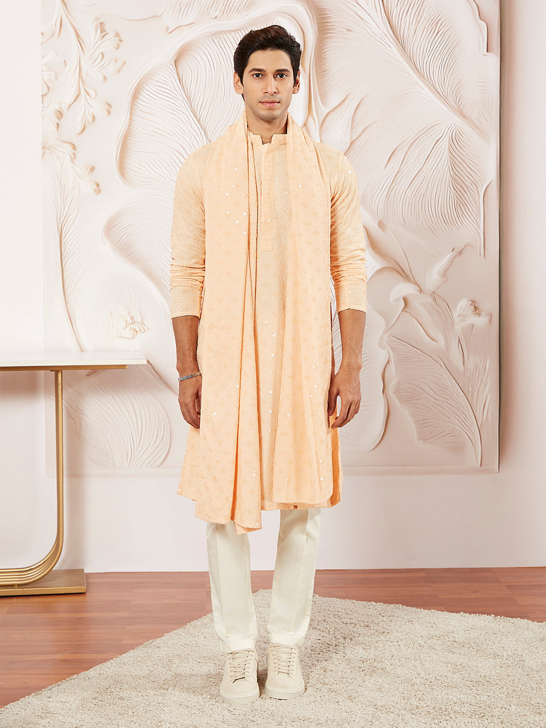 Men's Peach Rayon Kurta Pyjama And Dupatta Set