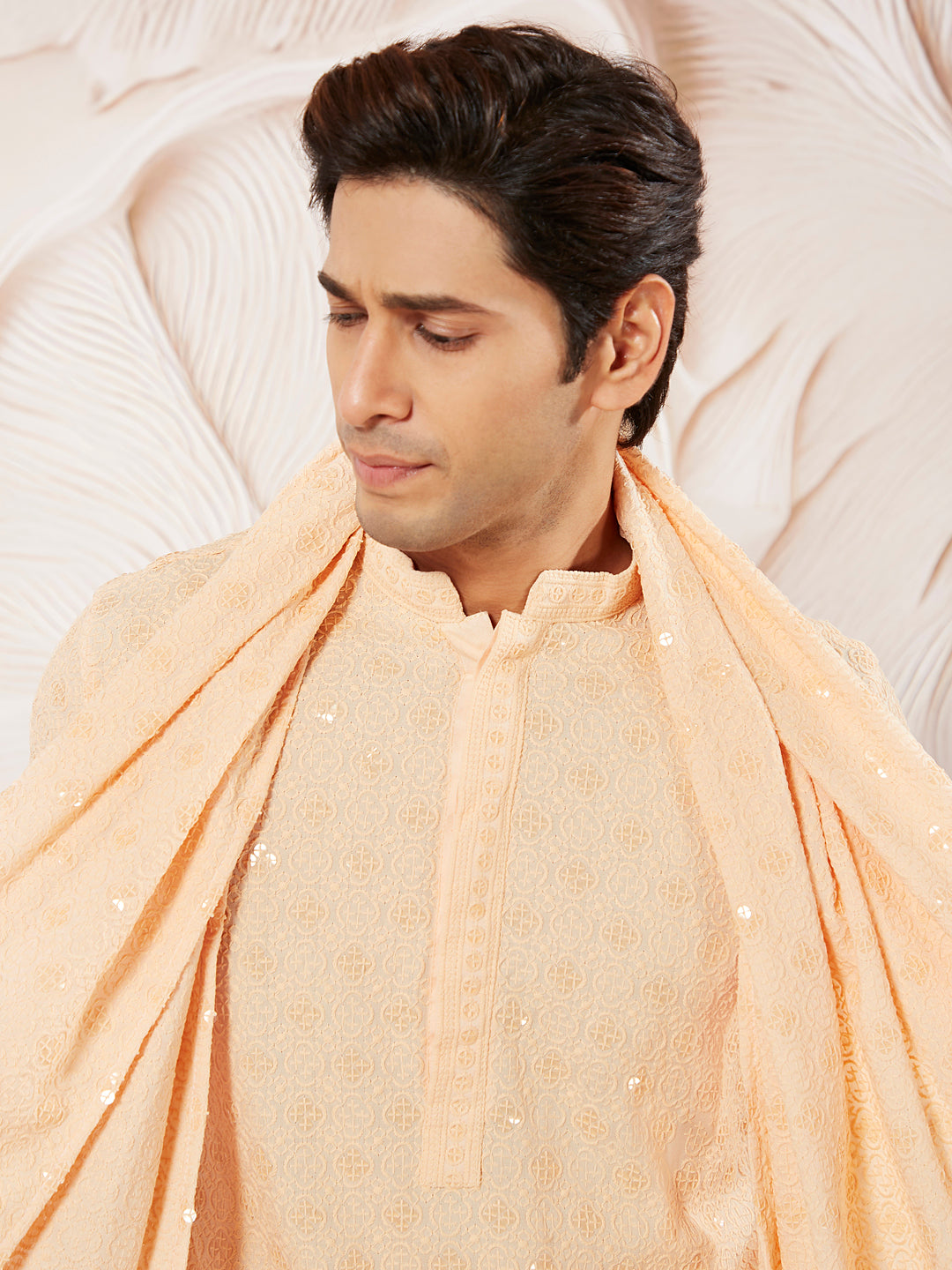 Men's Peach Rayon Kurta Pyjama And Dupatta Set