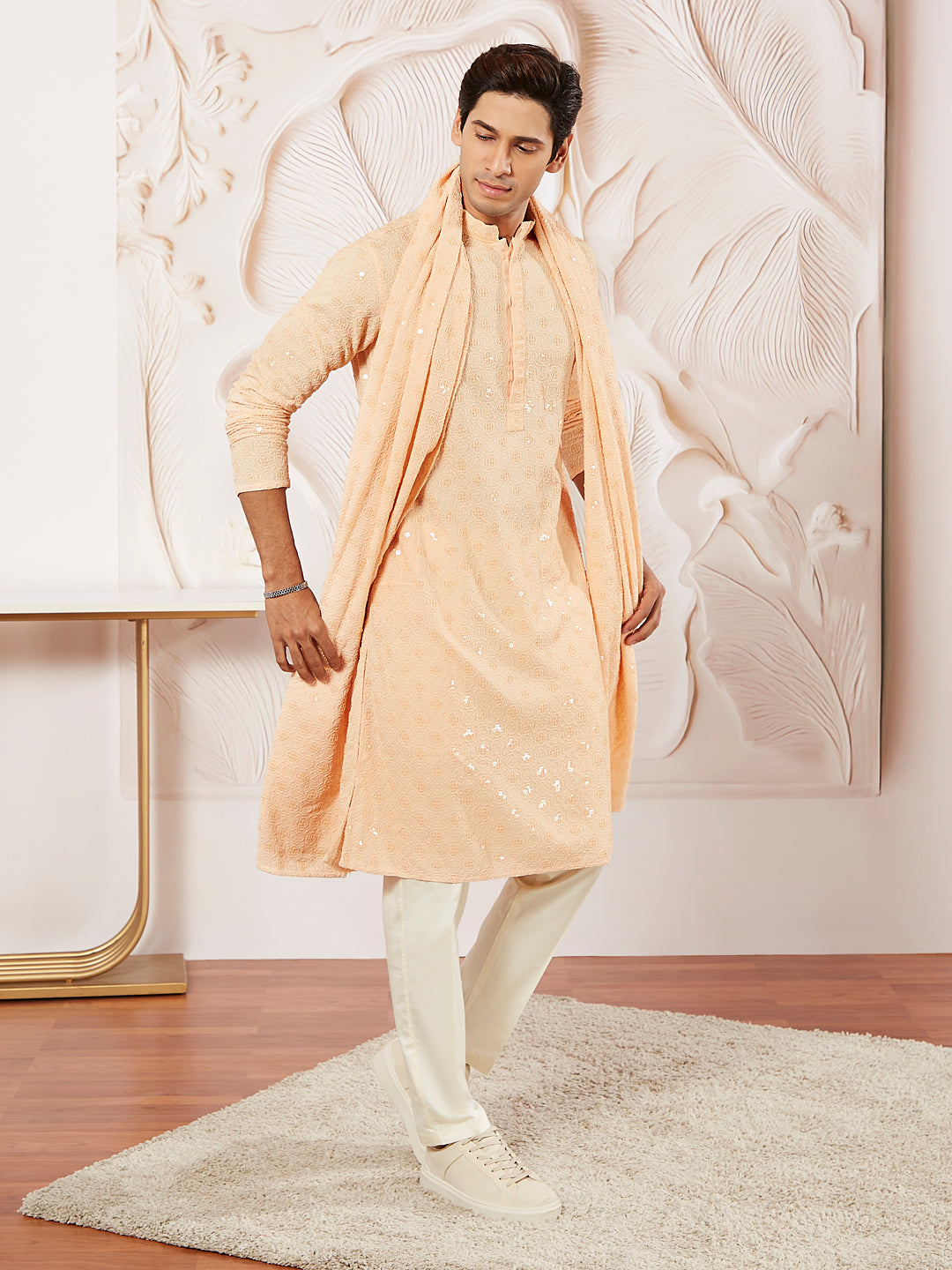 Men's Peach Rayon Kurta Pyjama And Dupatta Set