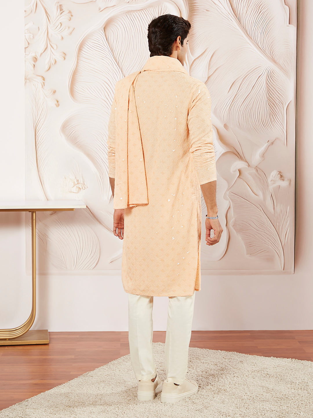 Men's Peach Rayon Kurta Pyjama And Dupatta Set