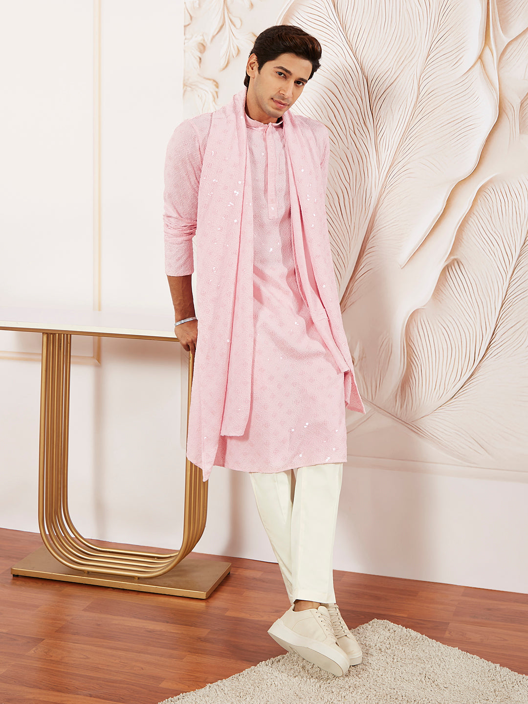 Men's Pink Rayon Kurta Pyjama And Dupatta Set