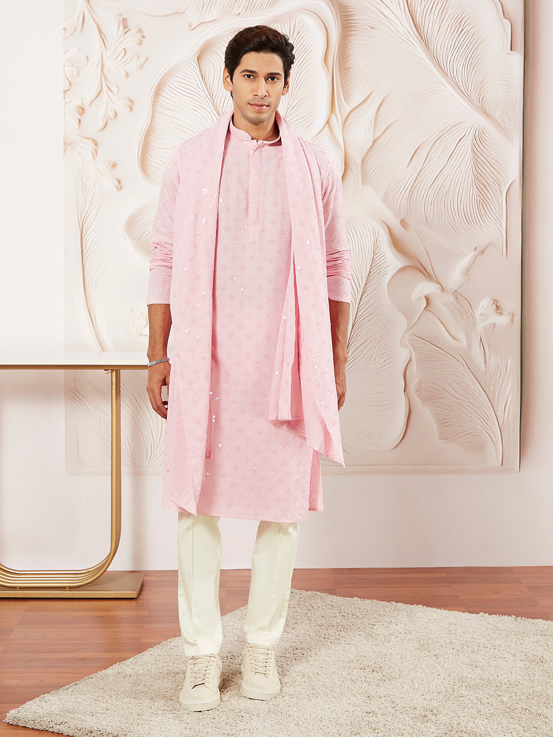 Men's Pink Rayon Kurta Pyjama And Dupatta Set