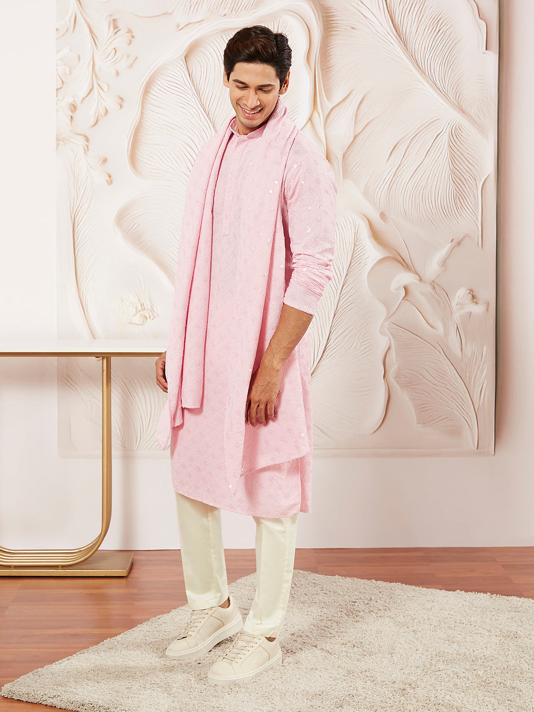 Men's Pink Rayon Kurta Pyjama And Dupatta Set