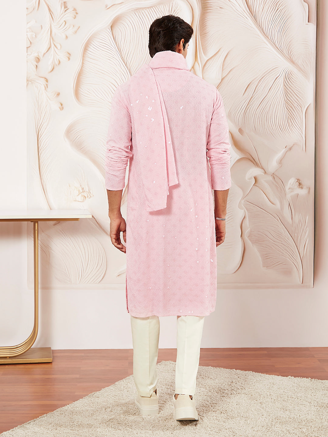 Men's Pink Rayon Kurta Pyjama And Dupatta Set