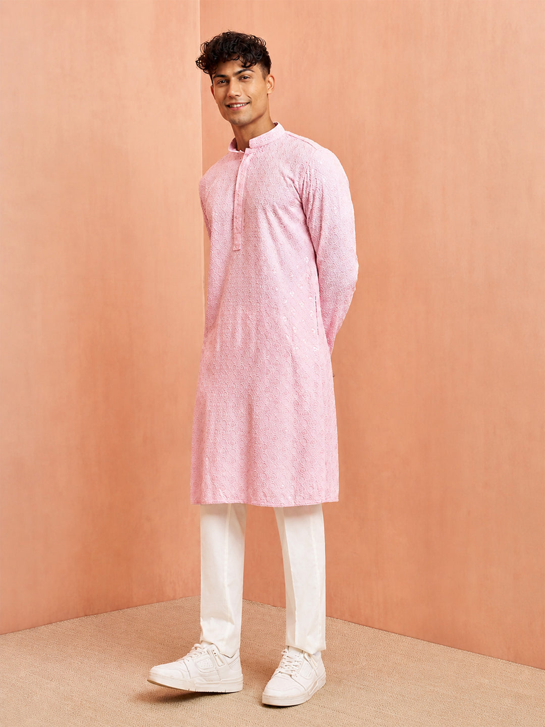 Men Light Pink Rayon Floral Thread Work Kurta Pant Set