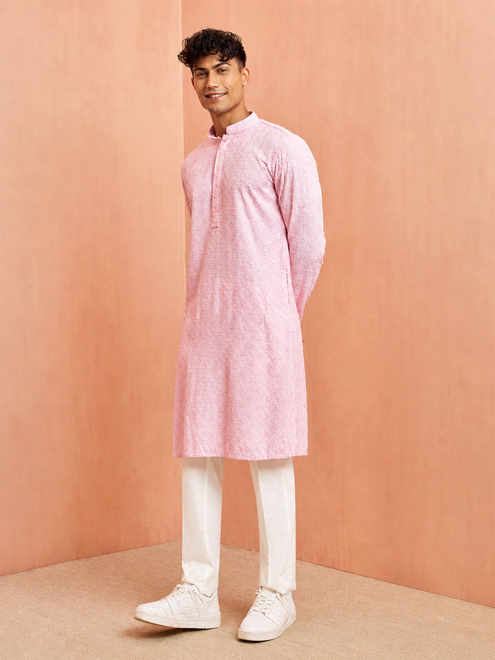 Men Light Pink Rayon Floral Thread Work Kurta Pant Set