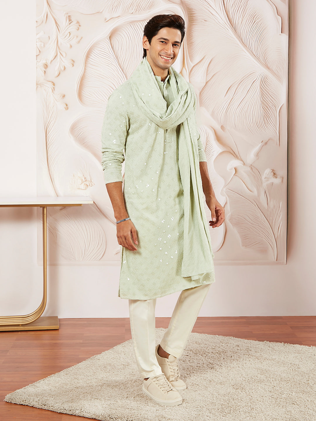 Men's Pista Green Rayon Kurta Pyjama And Dupatta Set