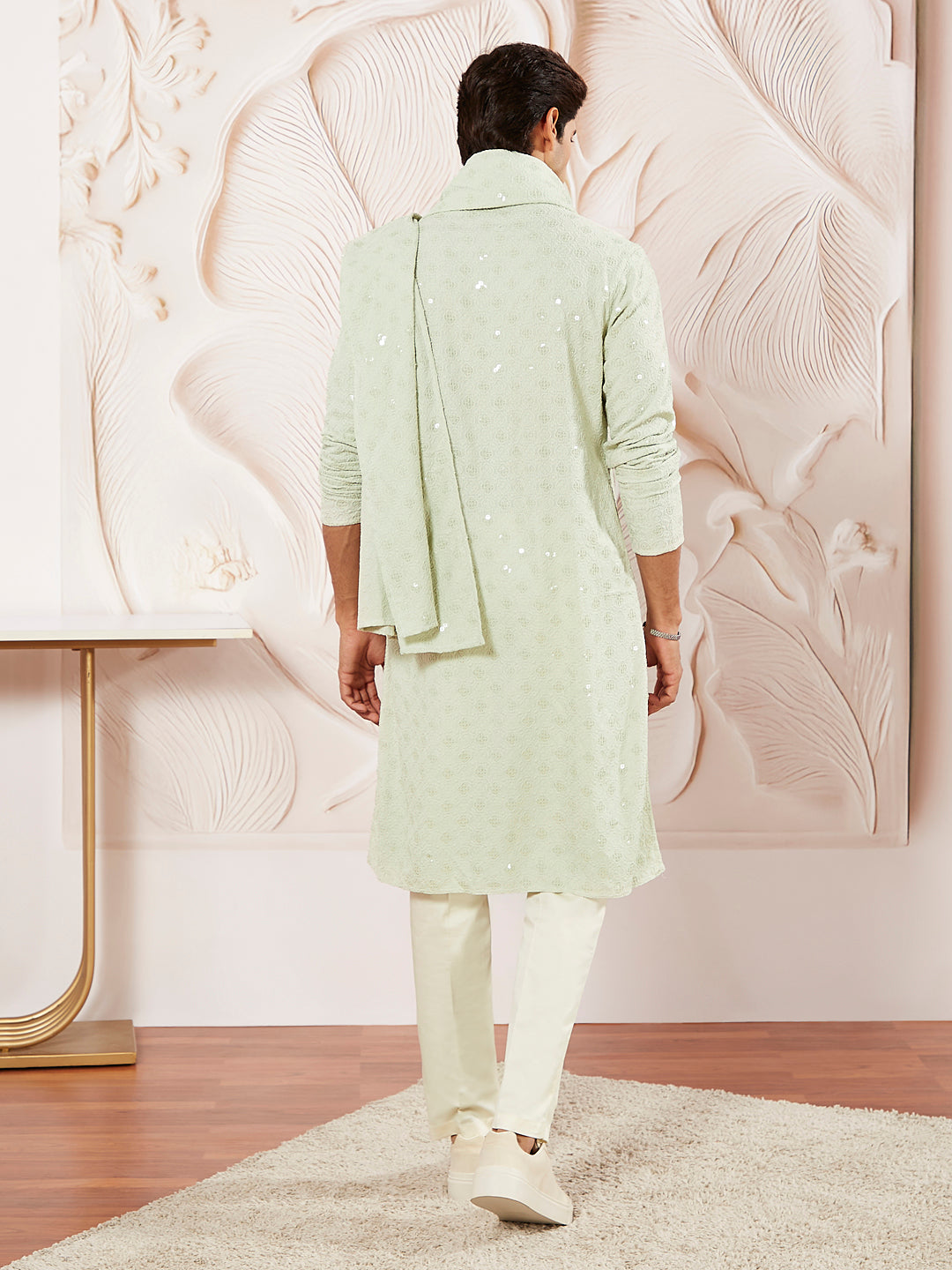 Men's Pista Green Rayon Kurta Pyjama And Dupatta Set