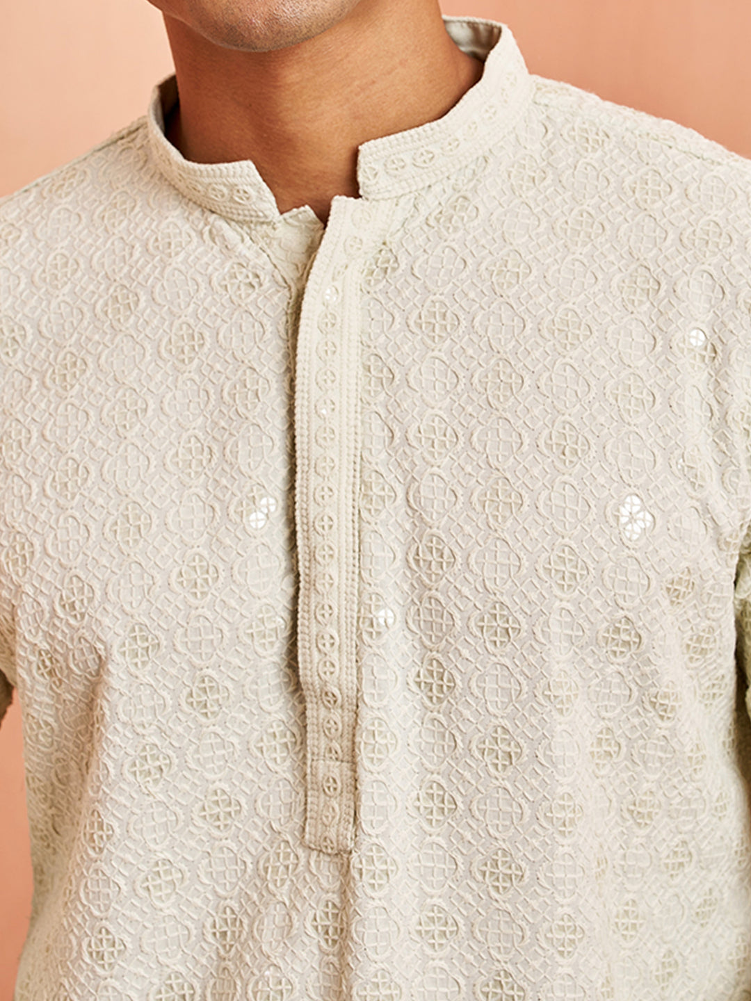 Men Pista Green Chikankari Sequin &amp; Thread Embroidery Rayon Kurta with White Solid Imported Suiting Pant Set