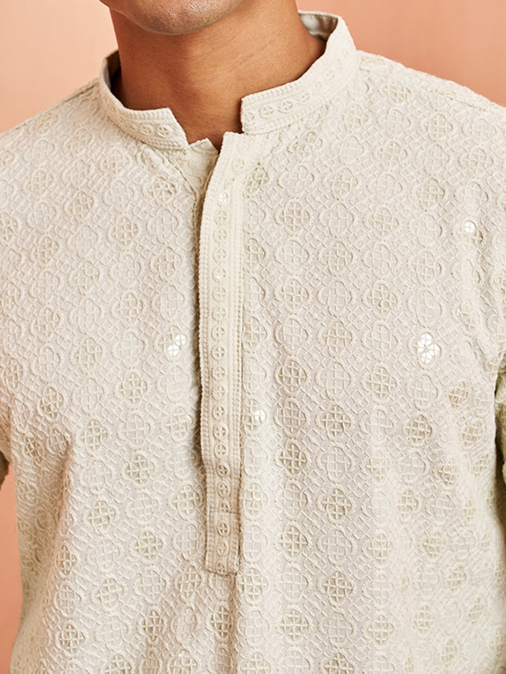 Men Pista Green Chikankari Sequin &amp; Thread Embroidery Rayon Kurta with White Solid Imported Suiting Pant Set