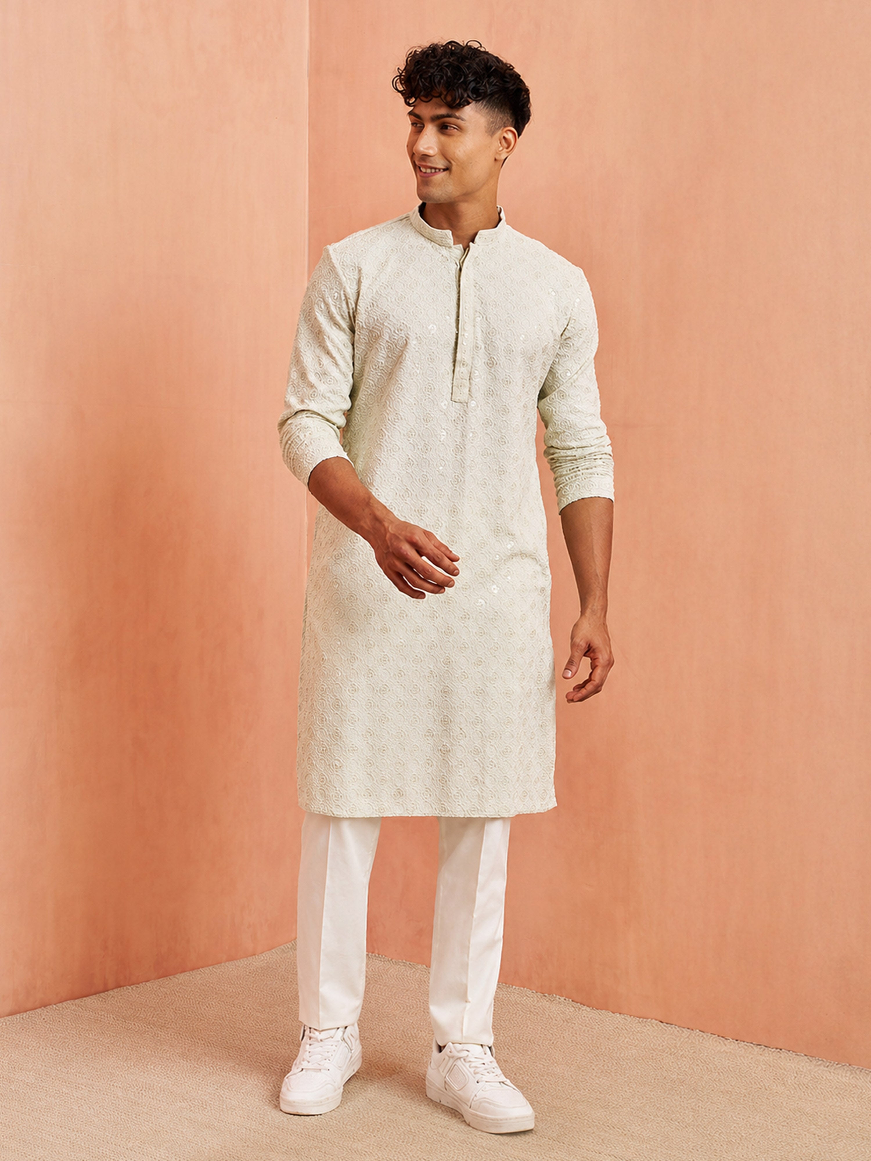 Men Pista Green Chikankari Sequin & Thread Embroidery Rayon Kurta with White Solid Imported Suiting Pant Set