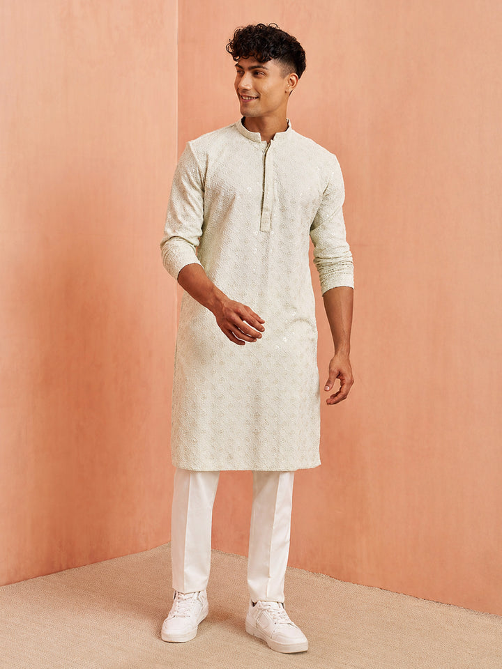 Men Pista Green Chikankari Sequin &amp; Thread Embroidery Rayon Kurta with White Solid Imported Suiting Pant Set