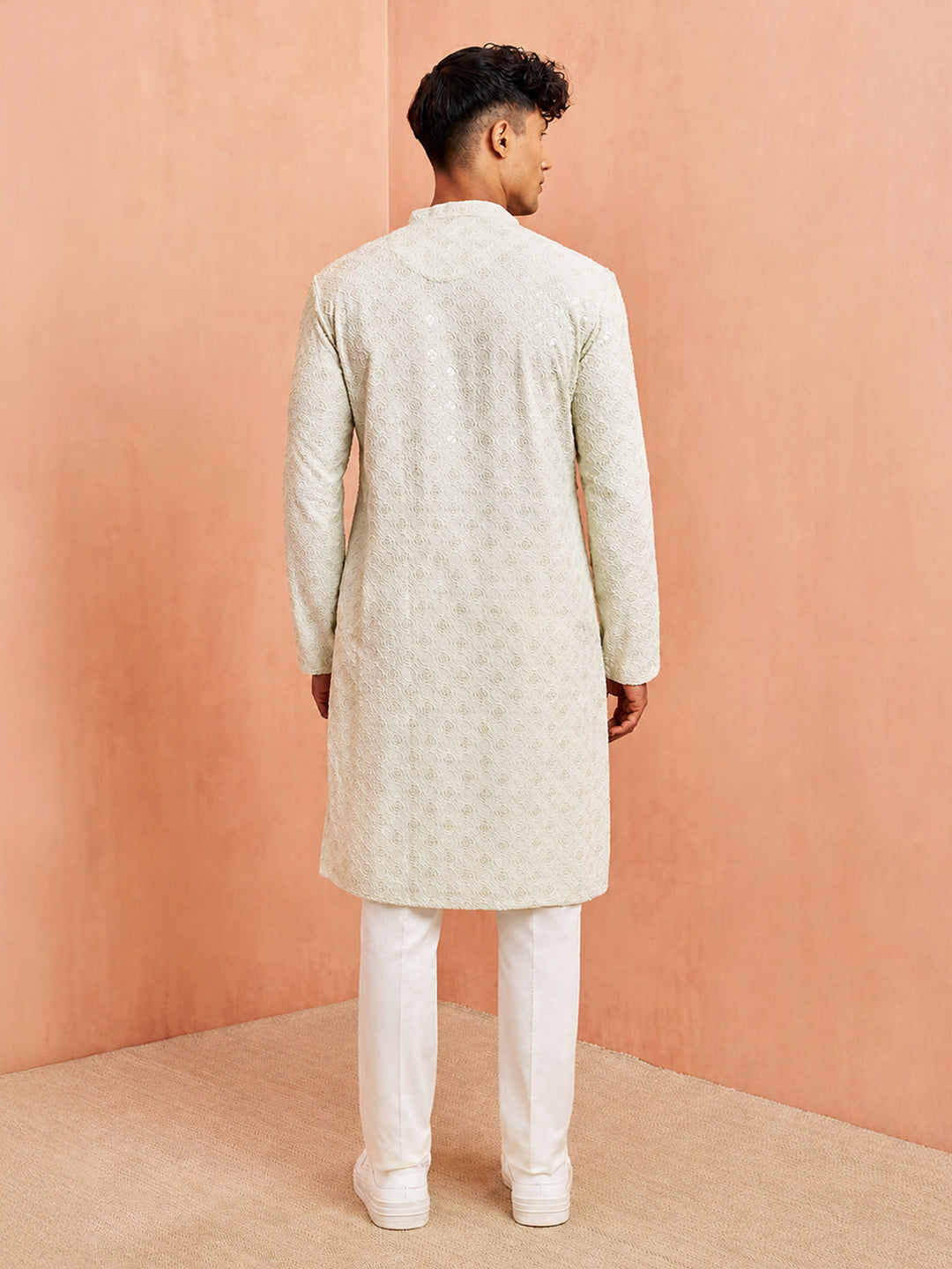 Men Pista Green Chikankari Sequin &amp; Thread Embroidery Rayon Kurta with White Solid Imported Suiting Pant Set