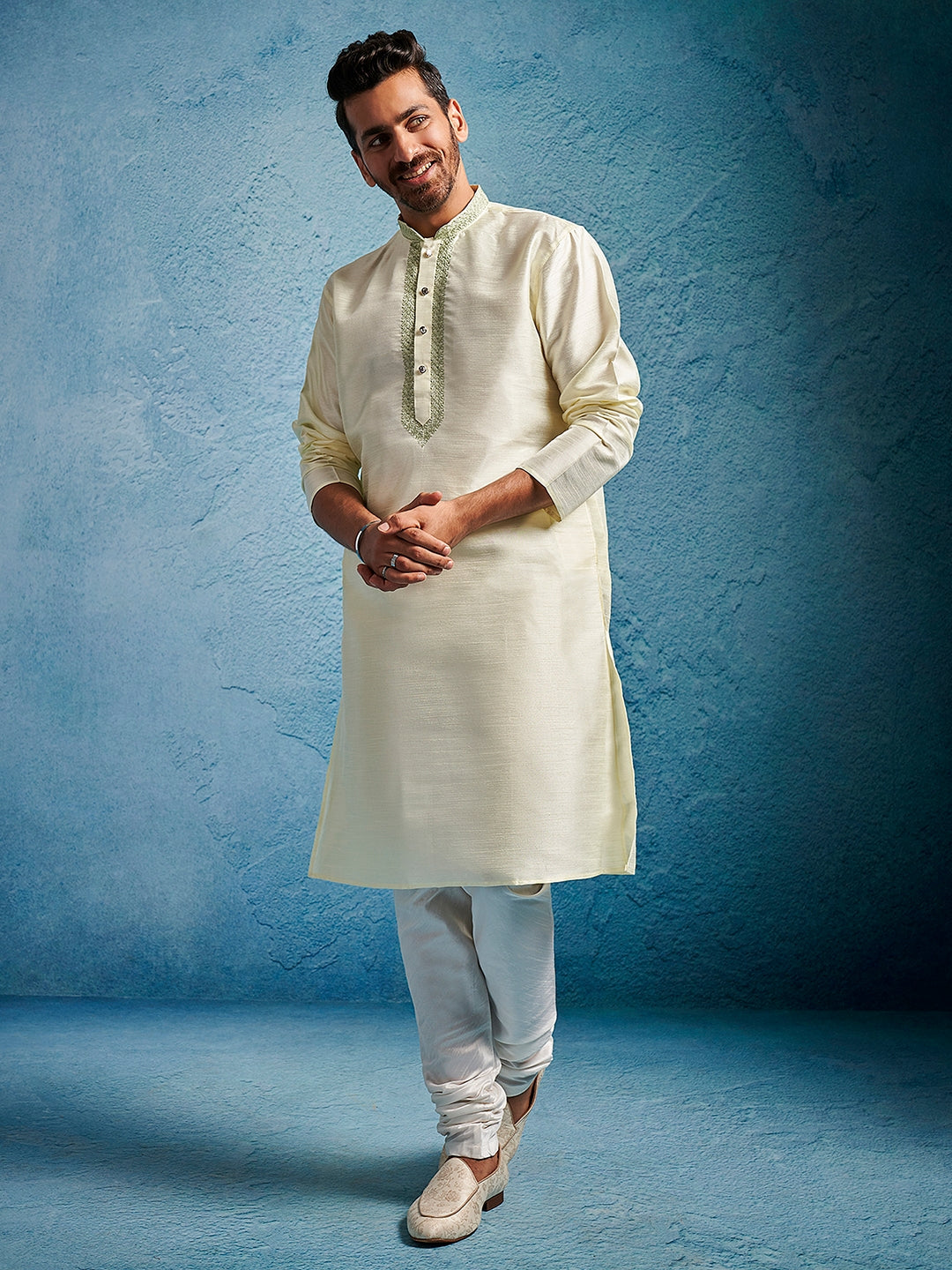 Men's Cream Dupion Silk Thread Work Mandarin Collar Kurta