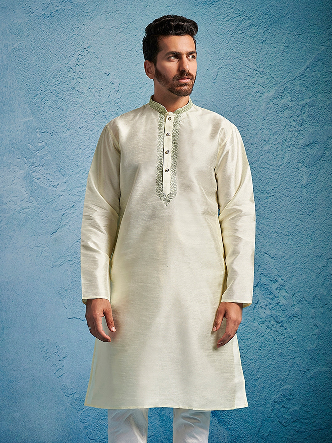 Men's Cream Dupion Silk Ethnic Motiff Thigh Length Kurta