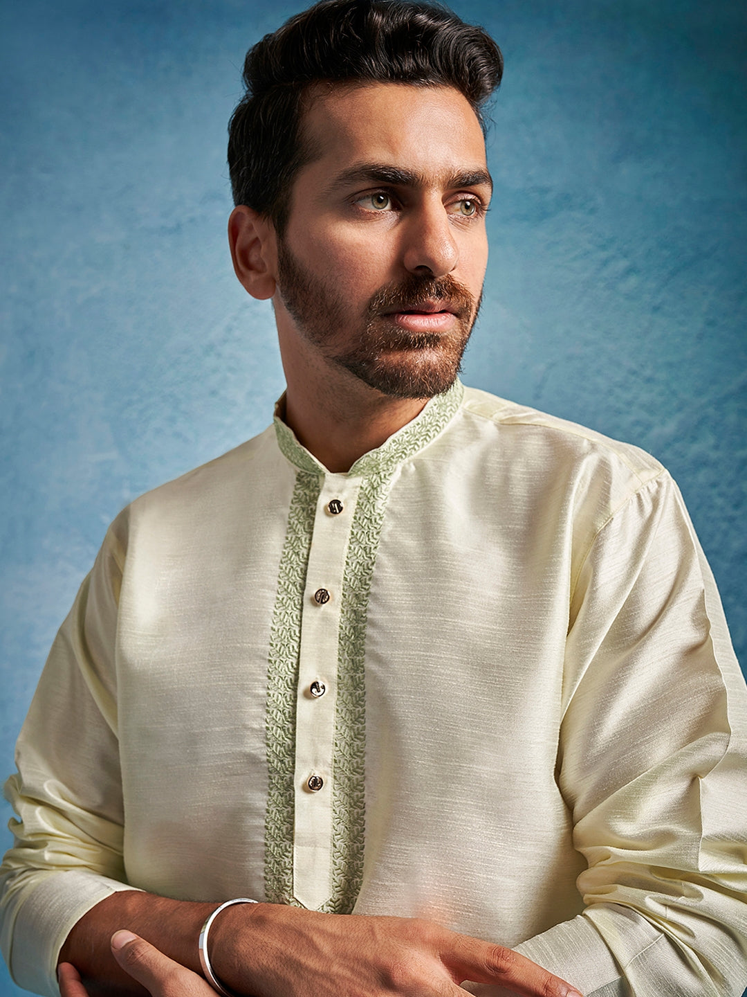 Men's Cream Dupion Silk Ethnic Motiff Thigh Length Kurta