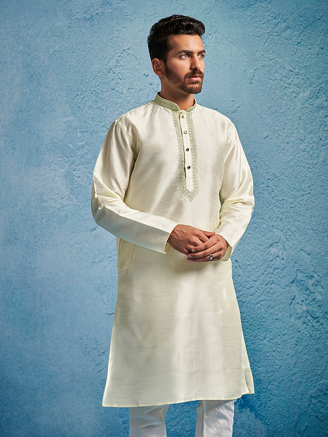 Men's Cream Dupion Silk Ethnic Motiff Thigh Length Kurta