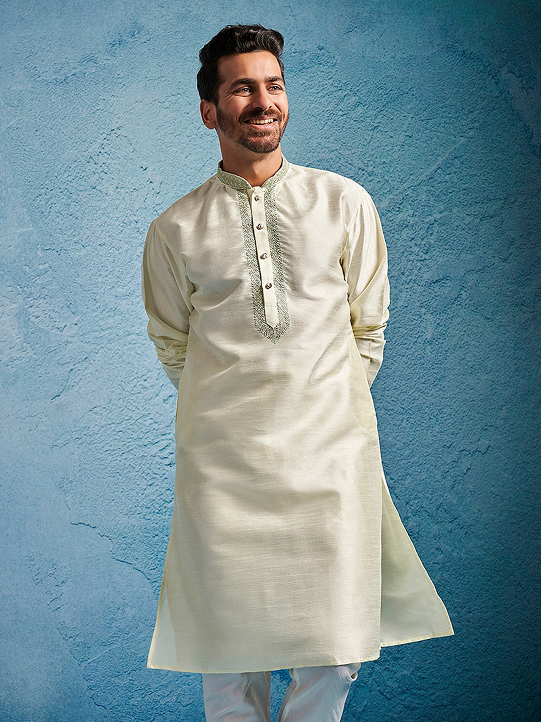 Men's Cream Dupion Silk Ethnic Motiff Thigh Length Kurta