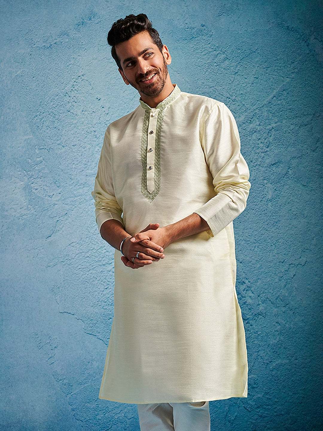 Men's Cream Dupion Silk Ethnic Motiff Thigh Length Kurta