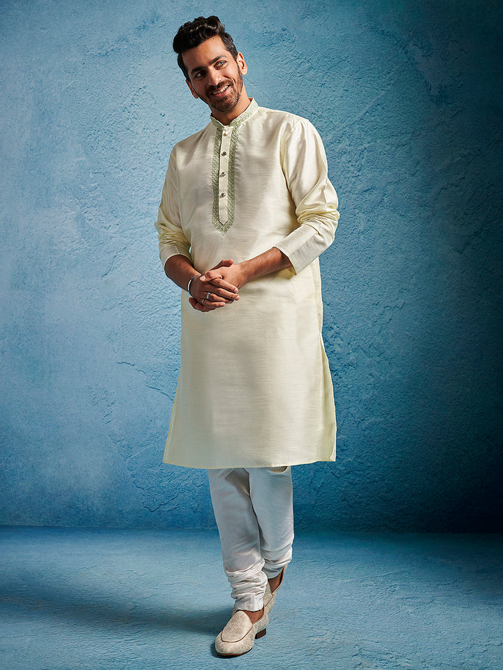 Men Cream Dupion Silk Embroidered Kurta with Churidar Set
