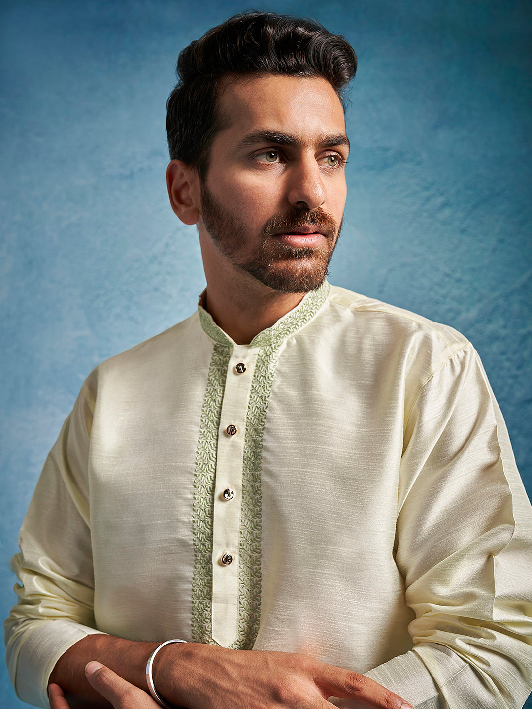 Men Cream Dupion Silk Embroidered Kurta with Churidar Set