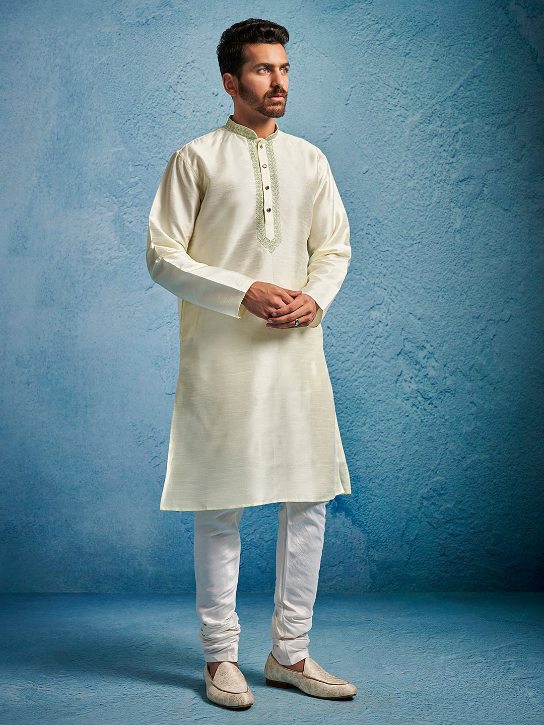 Men Cream Dupion Silk Embroidered Kurta with Churidar Set