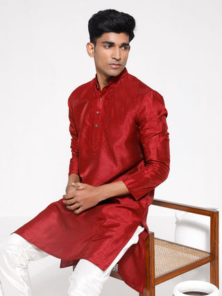 VASTRAMAY Men's Maroon And Cream Dupion Silk Kurta Pyjama Set