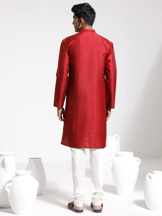 VASTRAMAY Men's Maroon And Cream Dupion Silk Kurta Pyjama Set