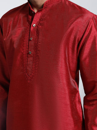 VASTRAMAY Men's Maroon And Cream Dupion Silk Kurta Pyjama Set