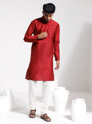 VASTRAMAY Men's Maroon And Cream Dupion Silk Kurta Pyjama Set