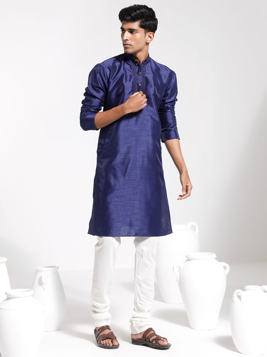 Men's Navy Blue Dupion Silk Kurta