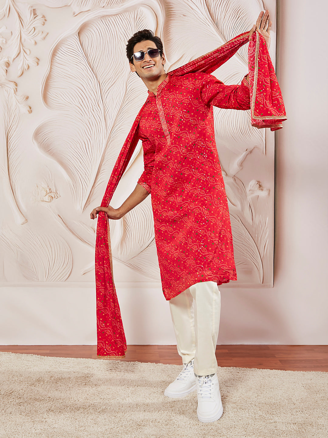 Men's Red And Cream Chinon Kurta And Pyjama Set.