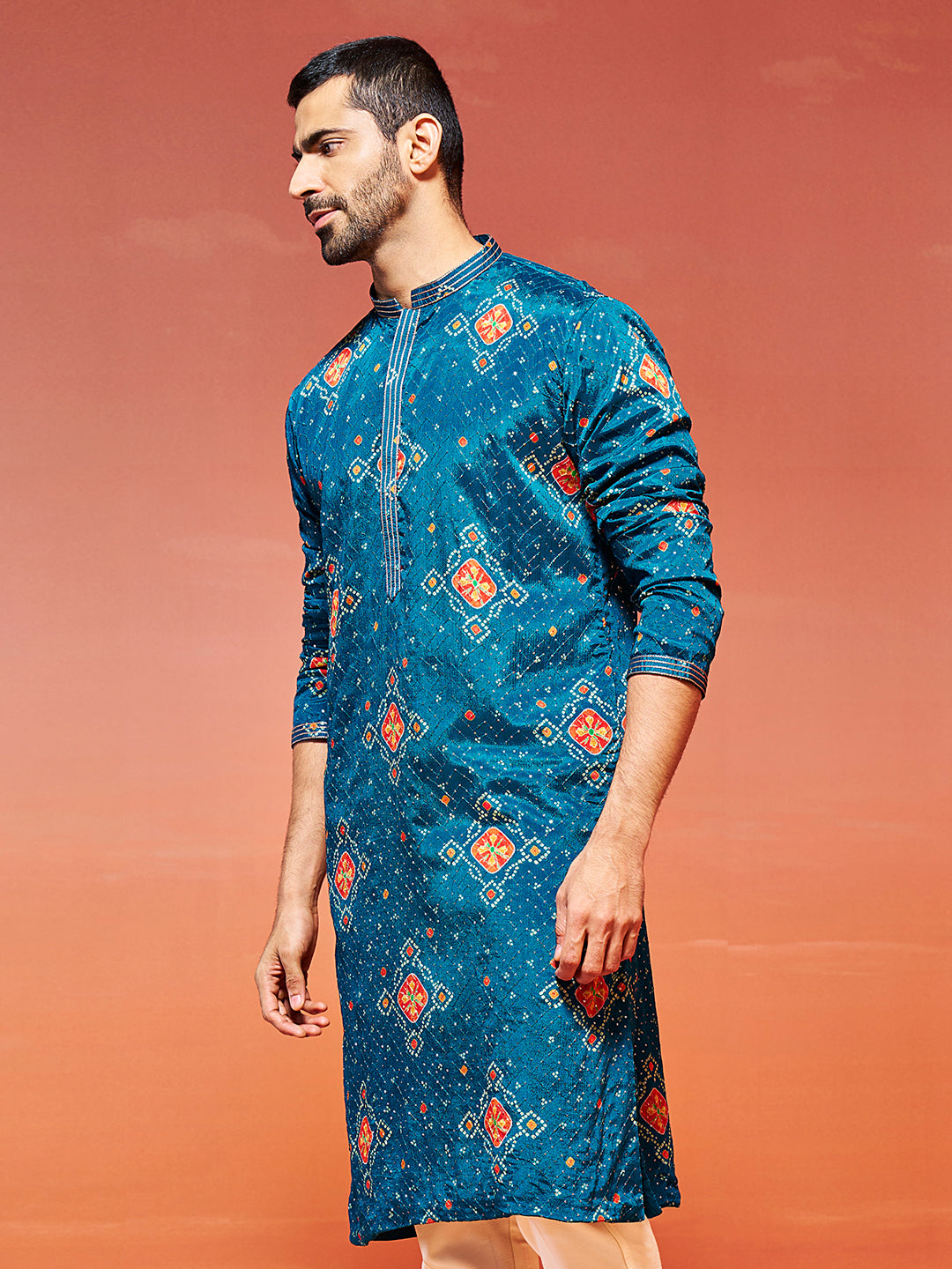 Men's Turquoise Chinon Kurta