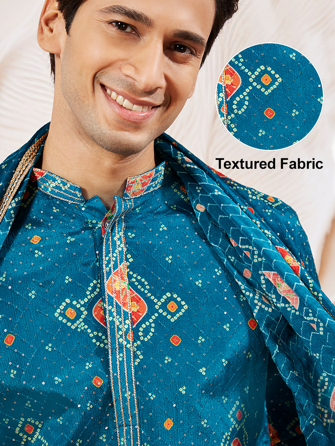 Men's Turquoise Chinon Kurta Pyjama And Dupatta Set For Men.