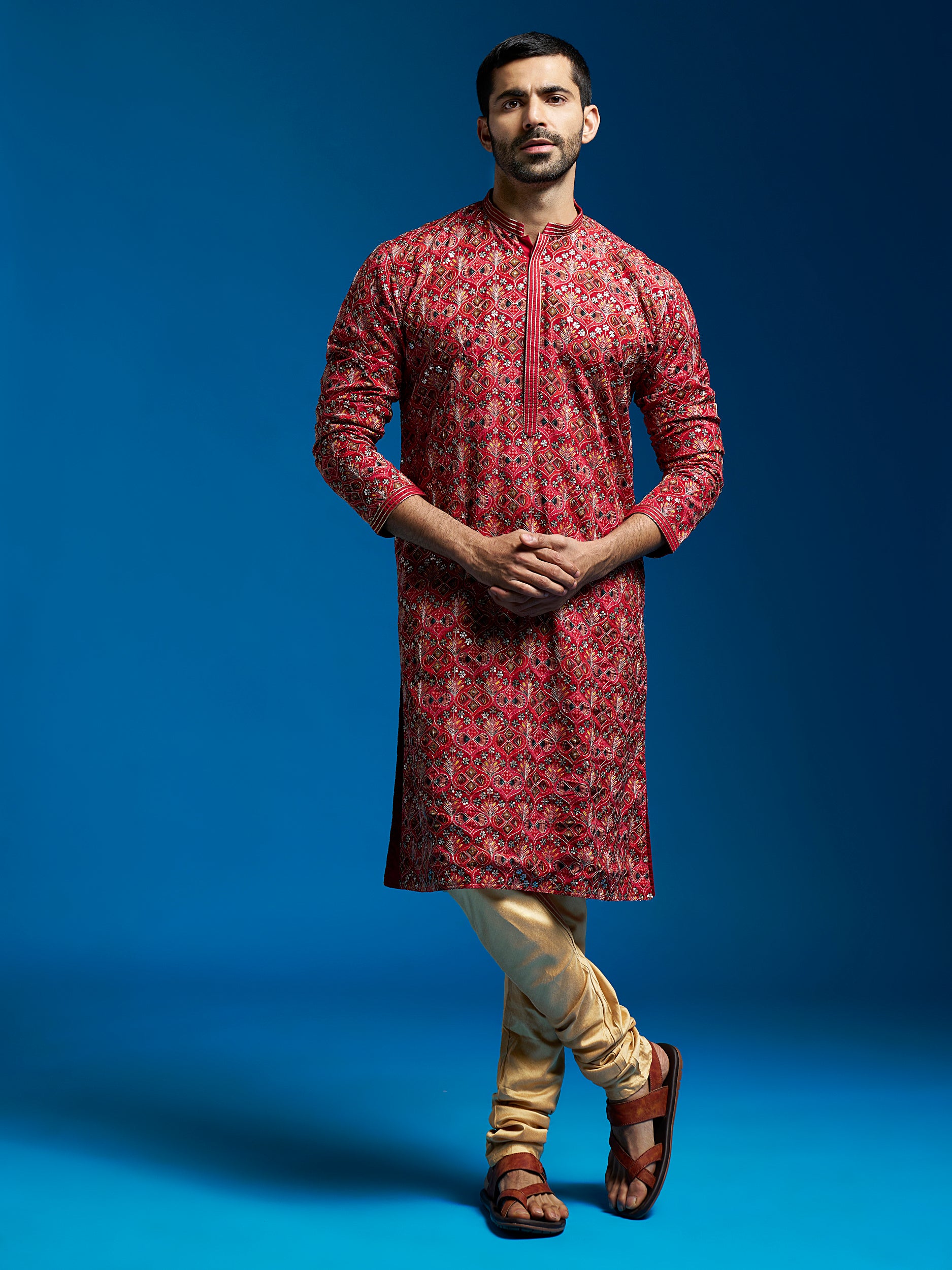 Men's Red Chinon Kurta And Pyjama Set.