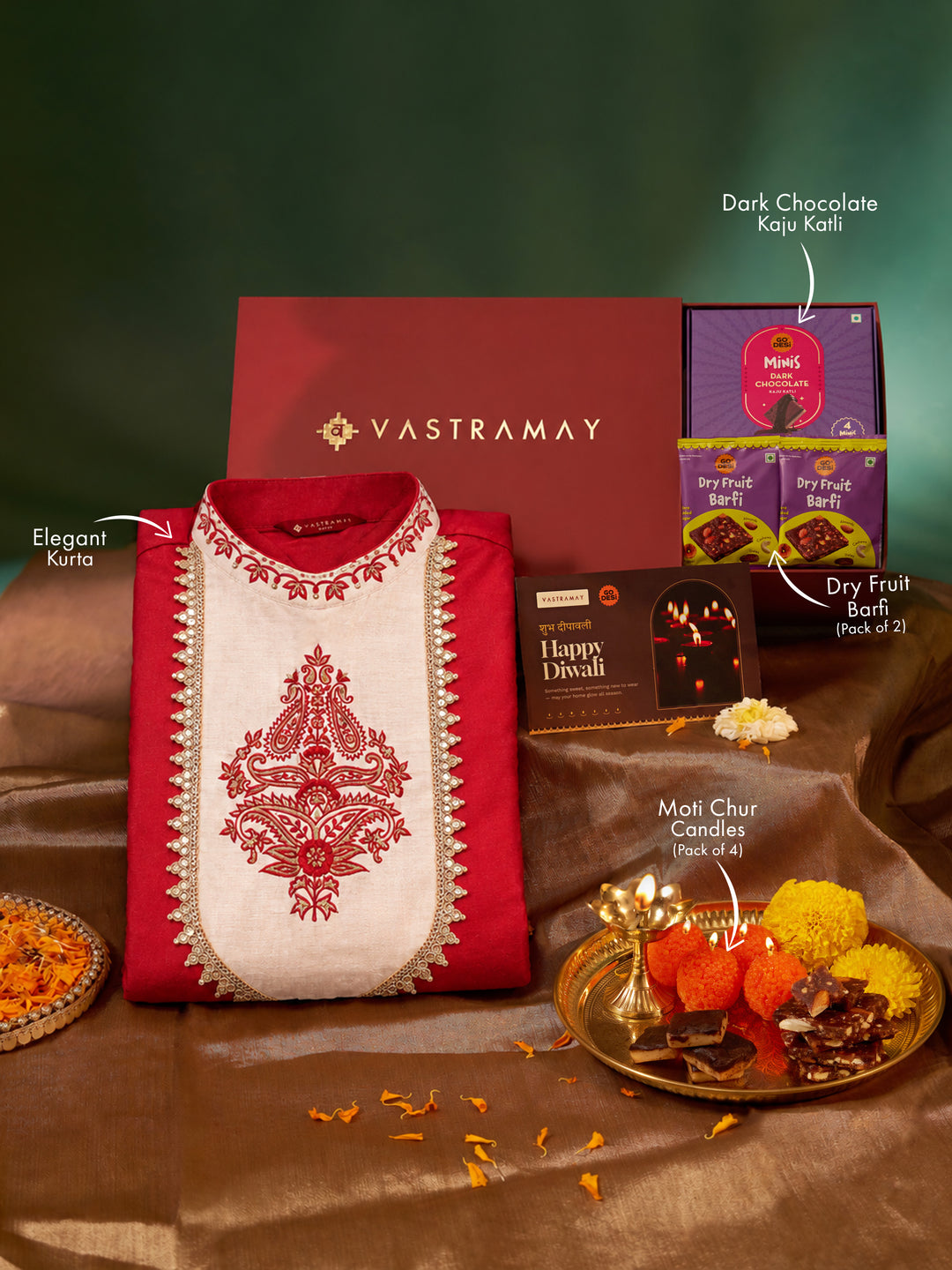 Vastramay Red Sequin Patchwork Viscose Kurta | Diwali Gift Box with Go Desi Mithai &amp; 4 Laddoo Candles